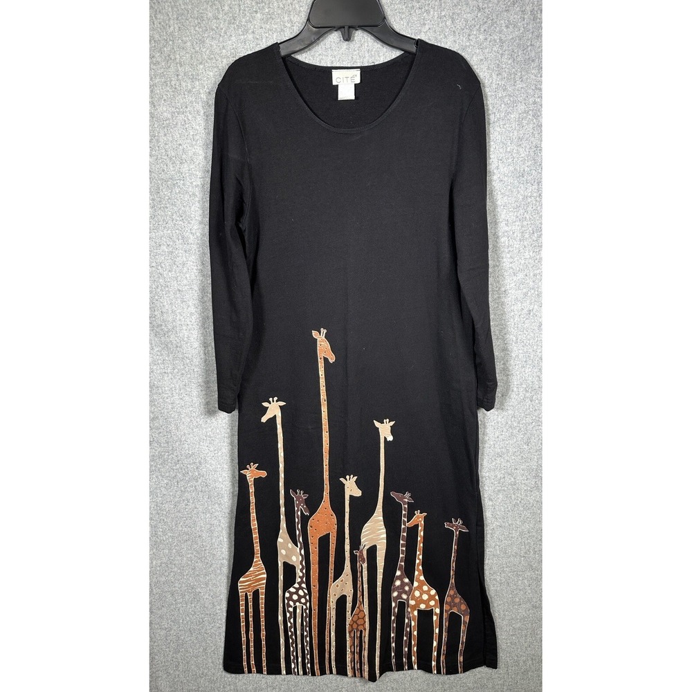 Vintage‎ Cite Petite Small Womens Dress Giraffe Long Sleeve Black Midi